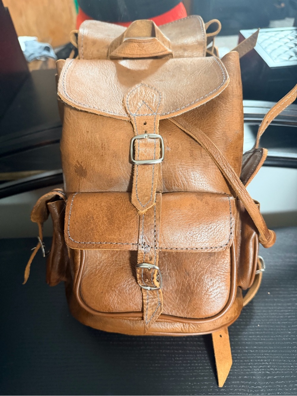 Hand Crafted Tan Leather Backpack with Buckle Details